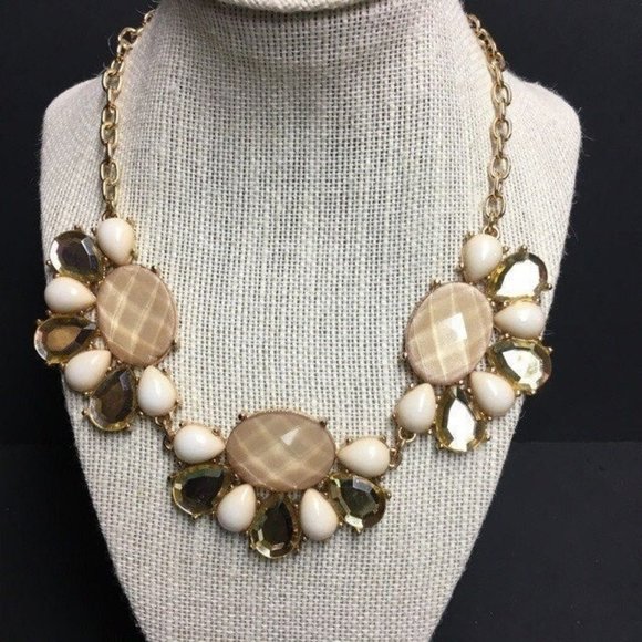 Charming Charlie Statement Necklace Gold Faceted Teardrop Beige Retro BoHo - Picture 1 of 7